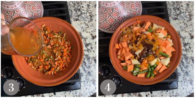 A collage of photos showing step three and four to make vegetable tagine.