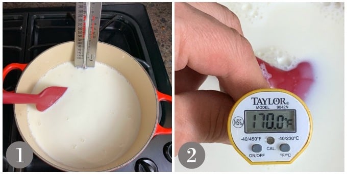 A photo showing steps to heat the milk and the correct temperature to make queso fresco.