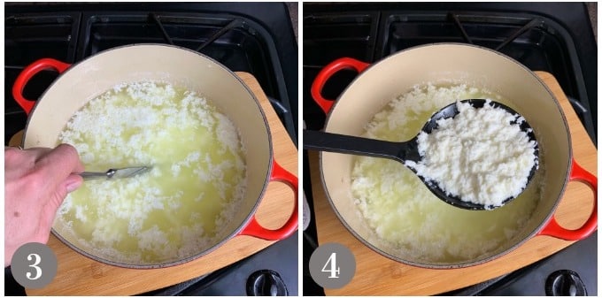 A photo showing string the curds and removing them with a slotted spoon.