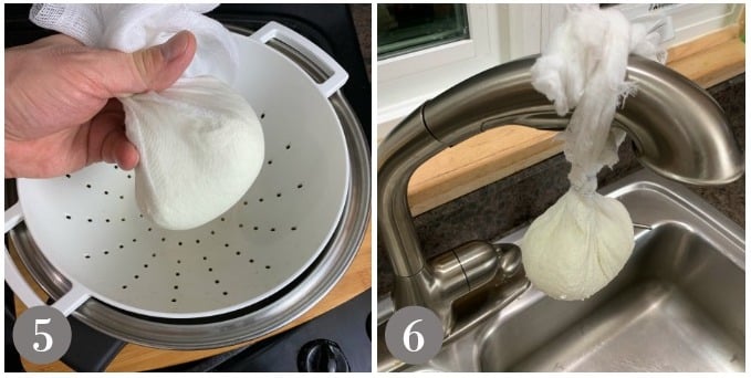 A photo showing queso fresco curds in a cheesecloth and allowing them to drain.