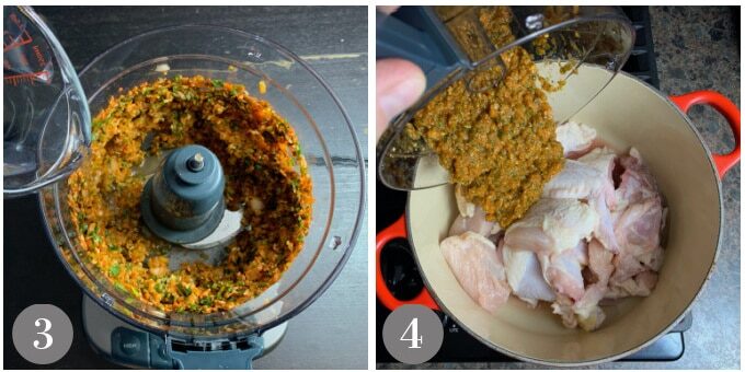 A photo showing steps 3 and 4, adding the pepper paste and chicken to the pot.