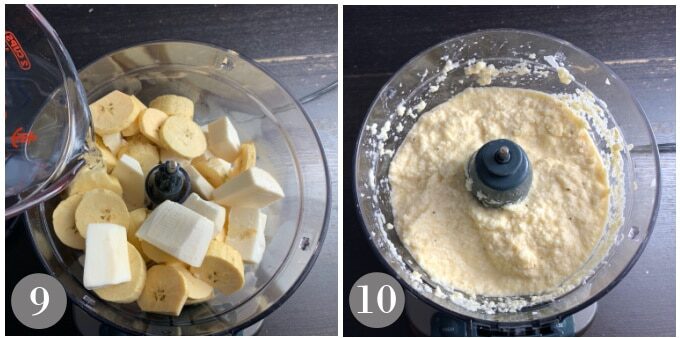 A photo showing adding water and chunks of yuca and plantain to a food processor then blending.