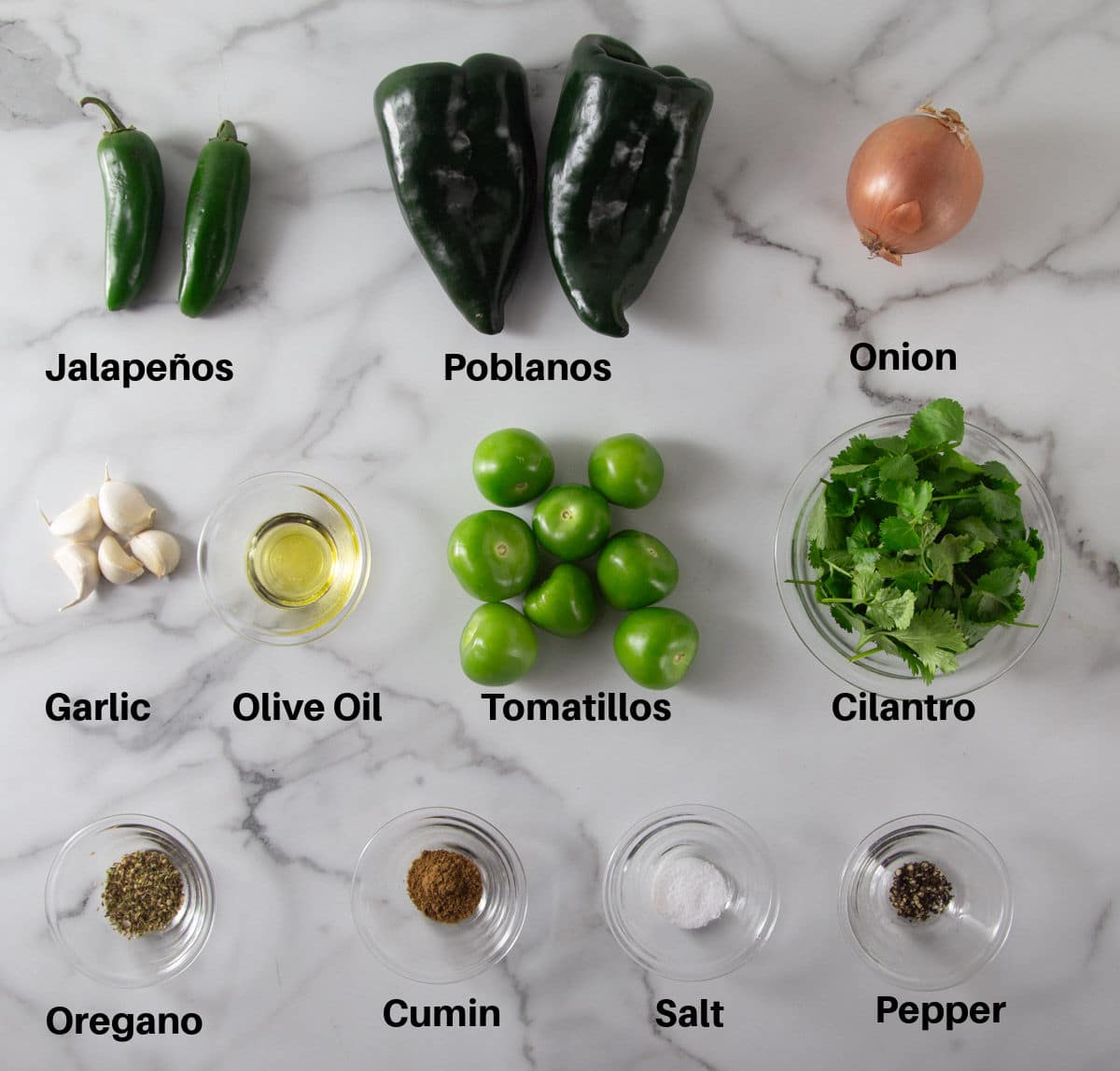 A photo of the ingredients to make chili verde sauce with text overlays.
