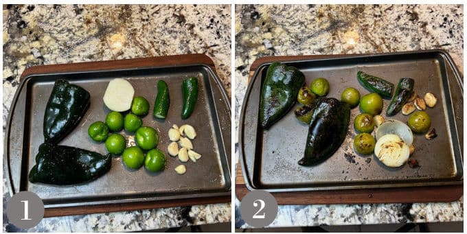 A photo of the ingredients to make chili verde sauce on a baking tray before and after broiling.