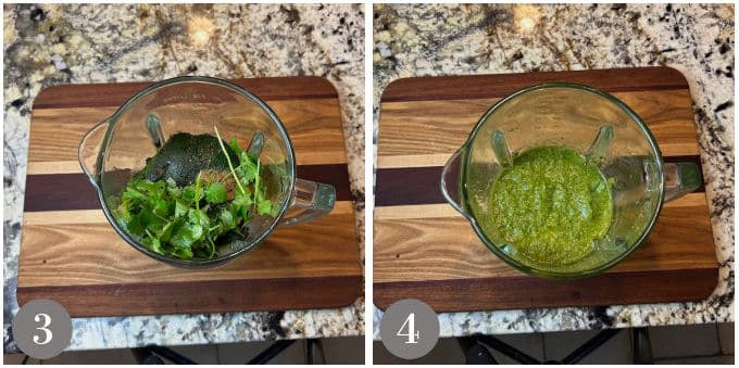 A photo of the ingredients to make chili verde sauce before and after blending.