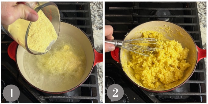 A photos showing boiling water and adding cornmeal to make sorullitos.
