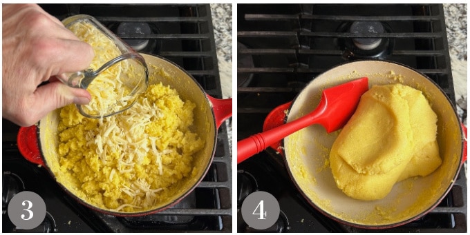 A photo showing adding grated cheese and folding the cornmeal dough.