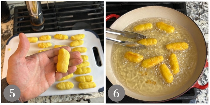 A photo showing forming sorullitos by hand and frying in a pan of hot oil.