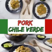 A collage of photos showing pork chile verde with text overlay.