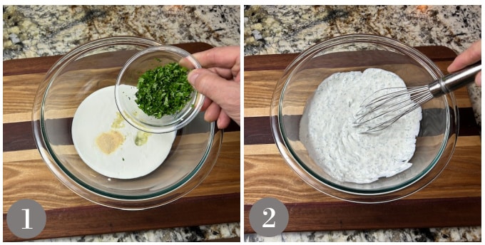 A photo showing mixing the ingredients to make cilantro lime crema. 