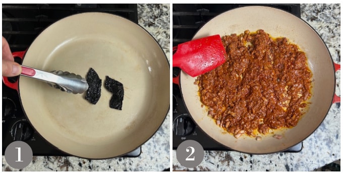 Two photos showing toasting an ancho chile and cooking the chorizo and bacon.