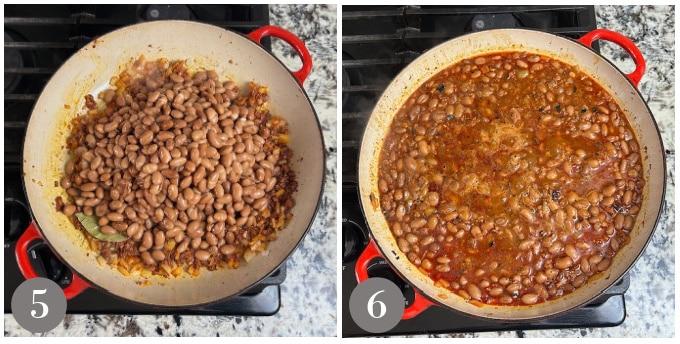 A photo showing adding the beans and other ingredients to the pan and then simmering the frijoles charros.