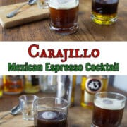 A collage of photos showing a shaken and poured version of the carajillo cocktail with a text overlay.
