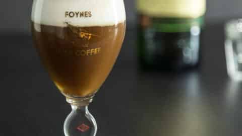 A photo of Irish coffee in a glass from Foynes Ireland.