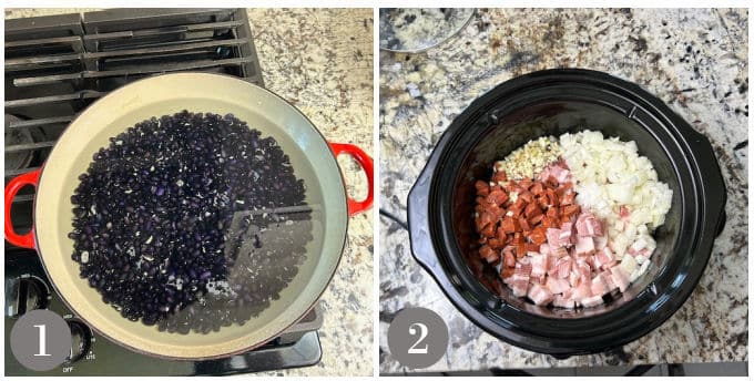 Two photos showing boiling black beans and adding ingredients to a slow cooker.