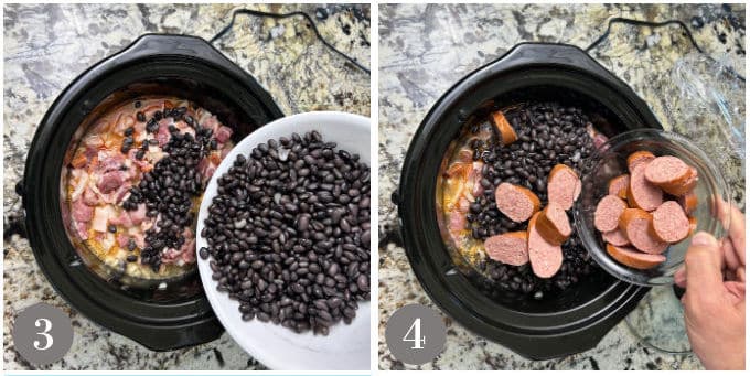 A photo showing adding the black bean and then the smoked sausage to the slow cooker.