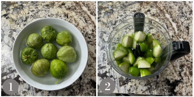 A collage of photos showing tomatillos soaking and then placed in a food processor.