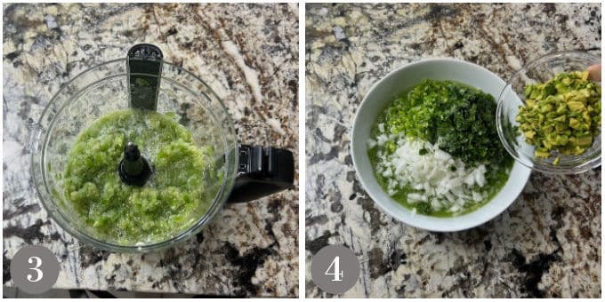 A collage of photos showing tomatillos coarsely chopped and then mixed with other salsa ingredients.