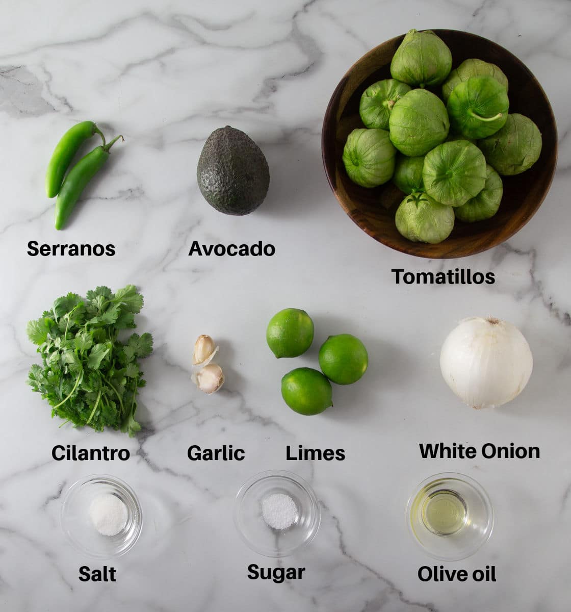 A photos of the ingredients to make tomatillo avocado salsa with text overlays.