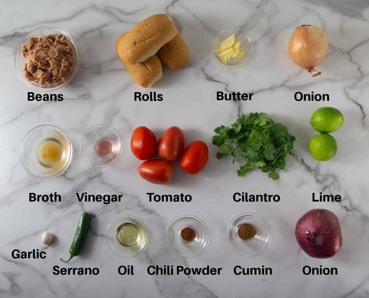 A photo showing the ingredients to make molletes and pico de gallo with text overlays.