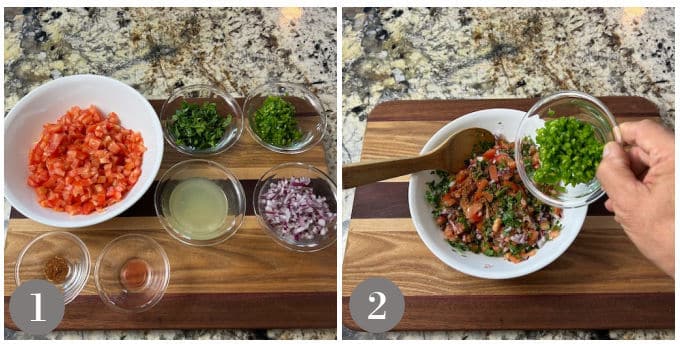 A collage of photos showing the steps to make the pico de gallo.