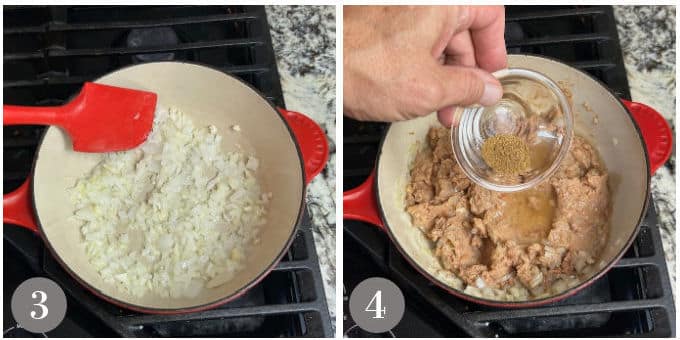 A collage of photos showing sauteing onions and then adding refried beans.