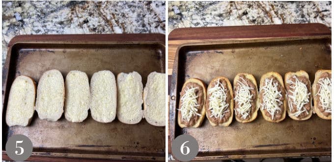 Two photos showing buttered rolls before toasting and then added beans and cheese.