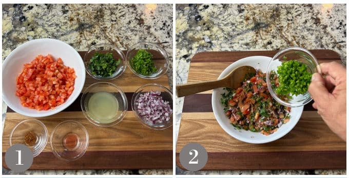 A photo showing the steps to make pico de gallo in a white bowl.