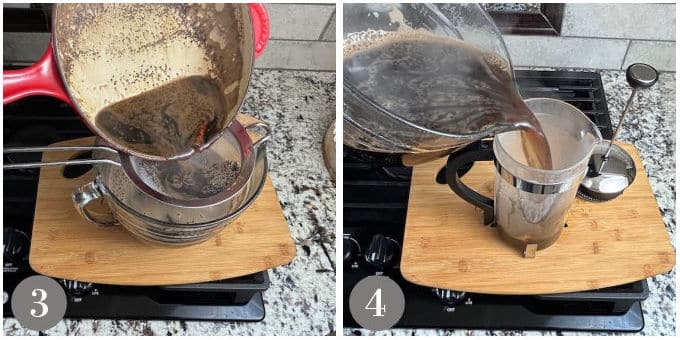 A collage of photos showing pouring the cafe de olla through a strainer and then adding to a French press.