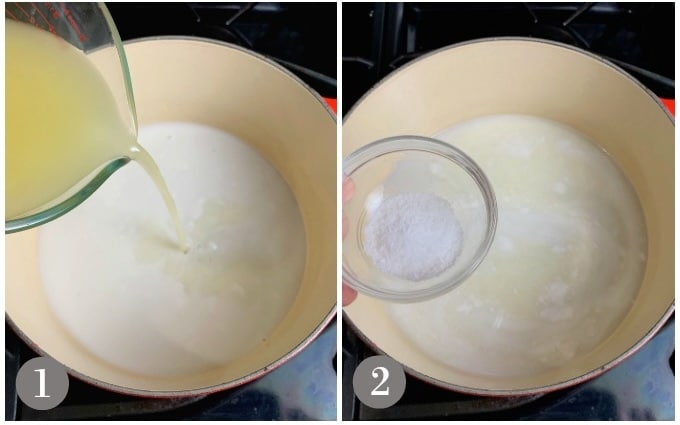 A photo showing adding chicken broth to coconut milk and then salt.