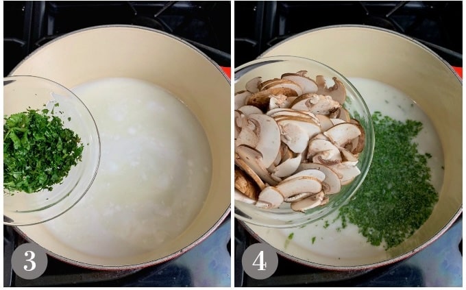 A photo showing adding cilantro and mushrooms to the soup.