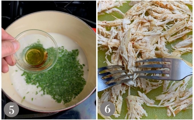 A photo showing adding fish sauce and shredding the chicken.