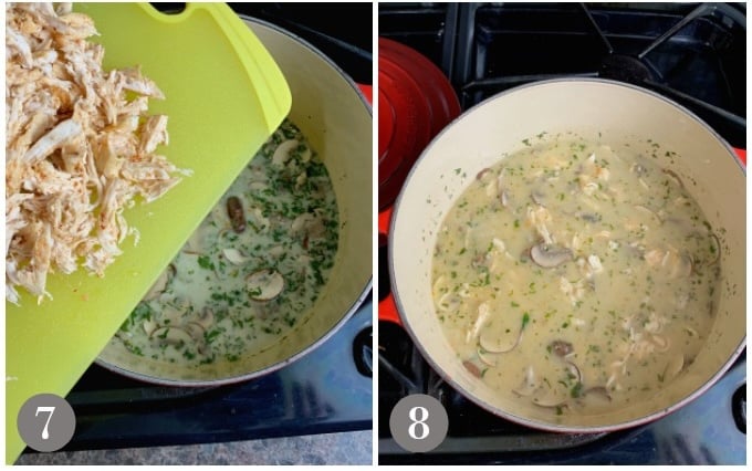 A photo showing adding the chicken to the soup and simmering.