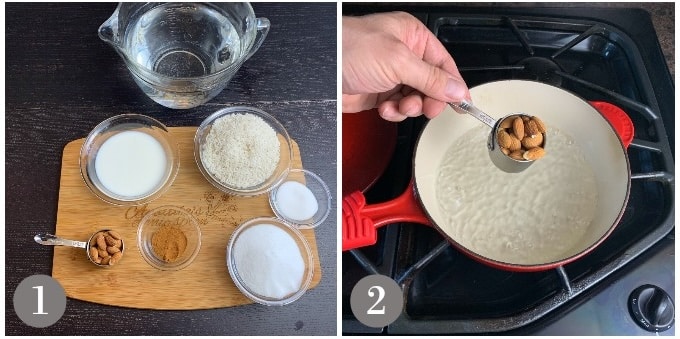 A photo of ingredients to make horchata a pan to blanch the almonds.