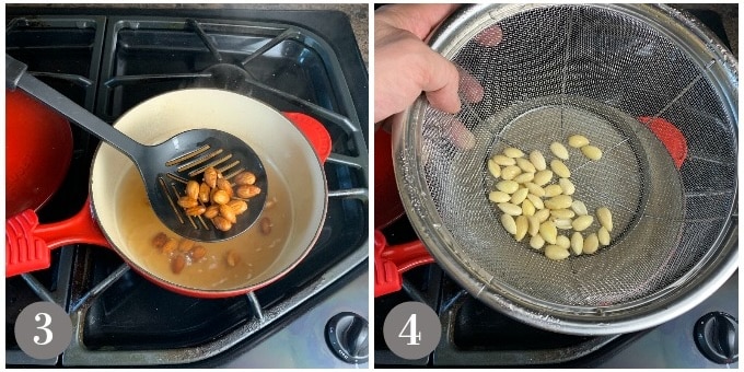 A photo showing blanching and draining almonds.