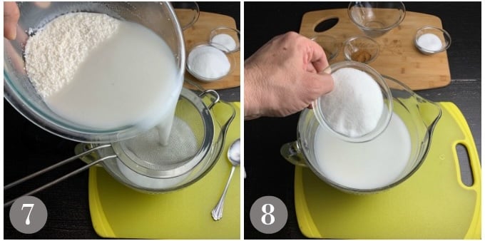 A photo showing pouring the liquid for the horchata and adding sugar.