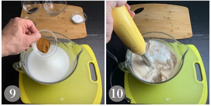A photo showing adding cinnamon and blending.
