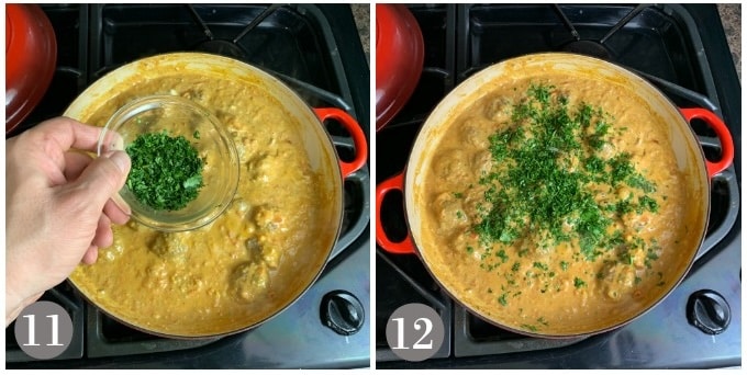 A photo showing adding cilantro and simmering the sauce.