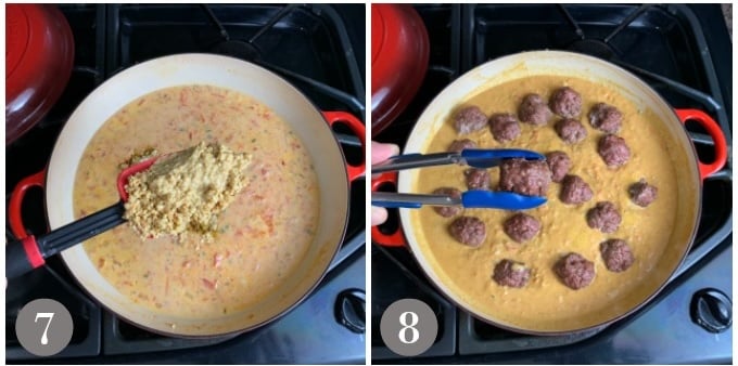 A photo showing adding cashews and meatballs to the sauce.