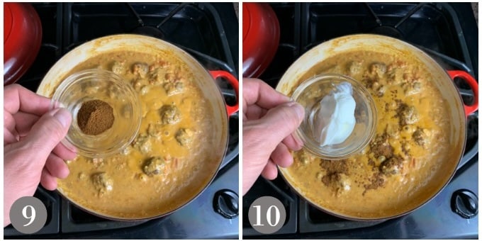 A photo showing the adding the garam masala and yogurt to the sauce.