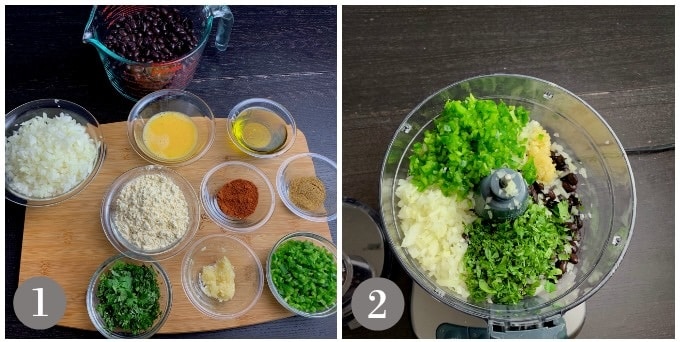 A photo showing the ingredients to make black bean burgers and blending them.