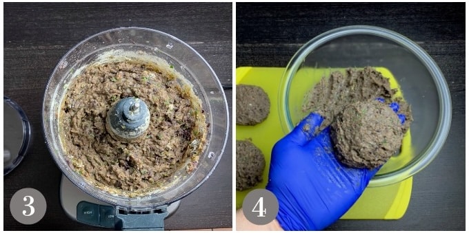 A photo showing the blended black bean burger and forming them into burgers.