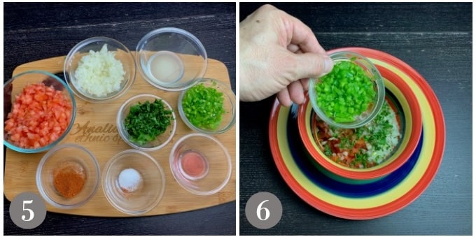 A photo showing the ingredients to make pico de gallo and mixing them.