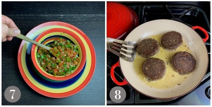 A photo showing the pico de gallo mixed and frying the black bean burgers.