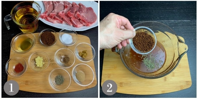 A photo of the ingredients and marinade to make coffee jerk pork chops.