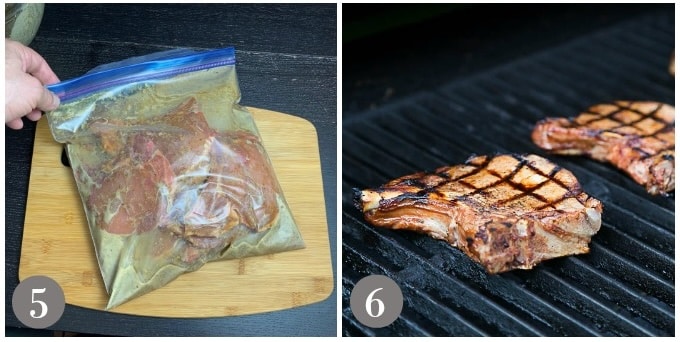 A photo of pork chops sealed in a bag and grilling them.