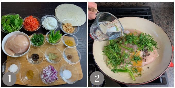 A photo of the chicken salad wrap ingredients and cooking the chicken.