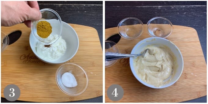A photo showing adding the spices and mixing them into the yogurt.