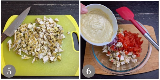 A photo showing chopping the chicken and mixing into a bowl.