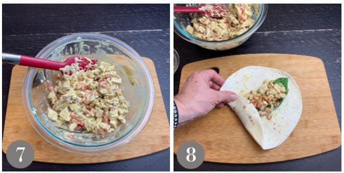 A photo showing mixing all of the chicken salad ingredients and placing on a wrap.